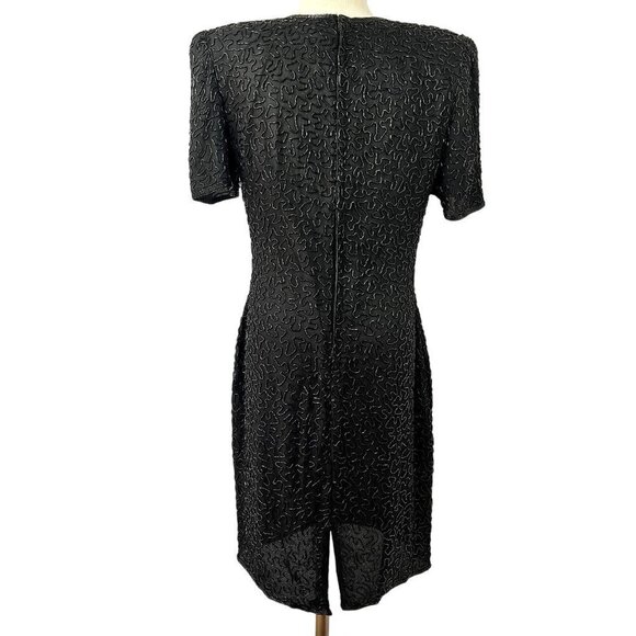 80s Black Silk Beaded Sheath Dress Short Sleeve Round Neck Laurence Kazar Sz 8 - Picture 4 of 11